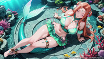 Red-haired Mermaid Princess's Private Tour in the Underwater Palace, Green Bikini hugging her curves, Heeled Boots on soft sand,