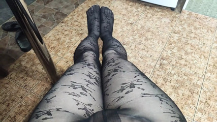 Rubbing My Huge Dick in Stepsister's Beautiful Black Pantyhose with a Pattern