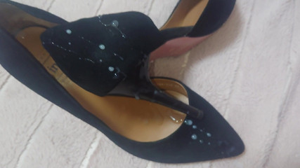 Cumshot on co-workers suede high heels
