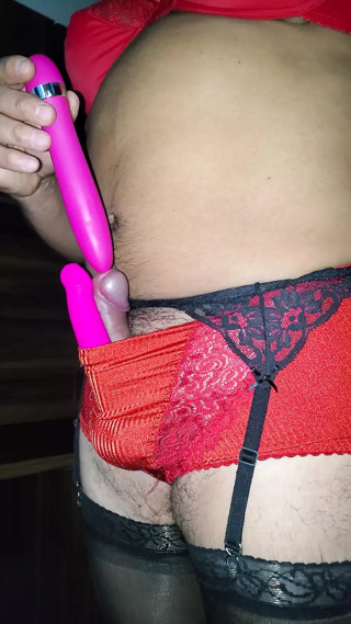 Super Shinny Red Nylon Control Panties, Nice Cumshot thumbnail