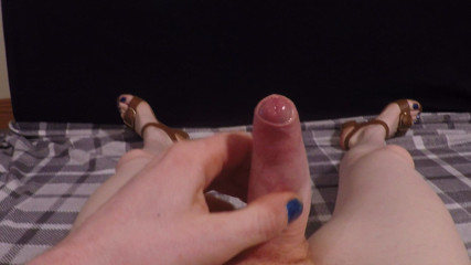 Tranny in blue dress and cute sandals cock fondling
