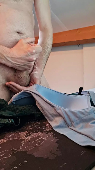 Cum shot and jerking off on my wifes bra's
