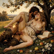 She Kept Reading Under the Apple Tree While He Finished What the Book Started (ai Generated).
