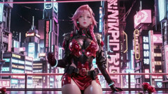 Pink-haired Mech Warrior! Kneeling in Neon Streets, Red Rose & Cold Armor Contrast.