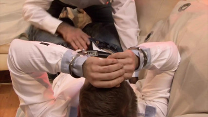 While wearing the cuffs he has been fucked on the sofa by