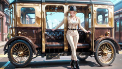 Leaning Against the Vintage Train Door, She Runs Her Hand Down Sheer Stockings While Gazing with a Cold yet Misty Look