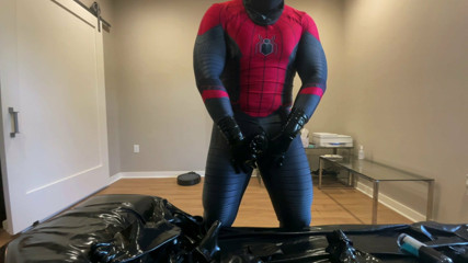 Rubber Spiderman cum in the rubber toesock