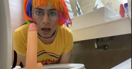 Cute Femboy Sits and Throat Fucks a Dildo on a Toilett thumbnail