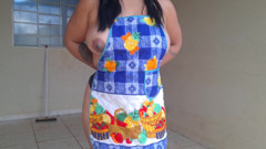 Hotwife Cleaning the Yard in Just an Apron and Slutty Panties