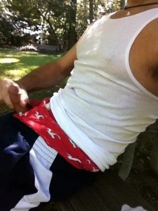 Stroking my cock outside on the bench..interrupted jerk-off