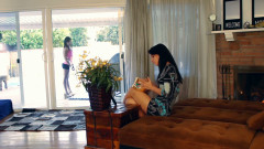 Fireside Ass Licking - Two Black-haired Girlfriends Finger and Trib on the Brown Sofa