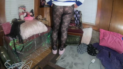 Cute t-girl teasing in lacy tights with socks and hockey jersey thumbnail