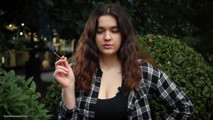 Sweet and Busty Russian Babe Smoking Cigarette in Nature