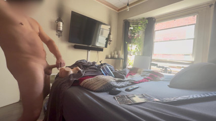 Stroking and fucking with the window open so anyone could watch!  CAUGHT AT THE END!