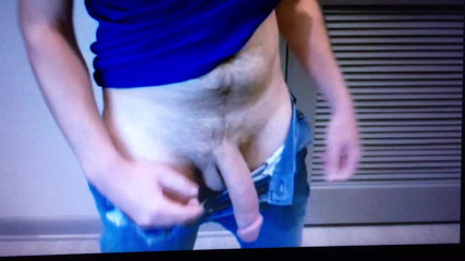 Guy commando no underwear in jeans with bulge huge cock