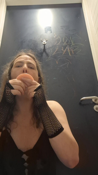 Alana playing with a dildo in a public toilet stall.