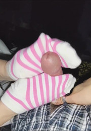 Sexy Hot Pink & White Striped Sockjob Socks Handjob