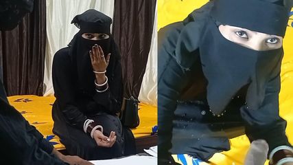 Pretty girl in hijab playing with officer's cock for signature