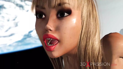 Earth orbit. Sci-fi sex android plays with a hot young blonde