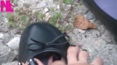Shoeplay with Black Leather Flats on Barefoot Outside