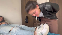 My Friend and I Enjoy Her Fetish of Humiliating Me with Her Feet and Leather Jacket
