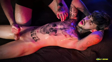 Camilo Brown Giving Intense Handjob to Hot Tattooed Stud Inked Mike Making Him Shoot His Cum