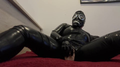 Fuck My Hairy Pussy with Huge Dildo in Latex Suit and Gasmask