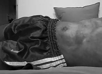 Cock in satin shorts and cockrings