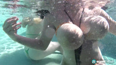 Three sets of huge, natural boobs underwater