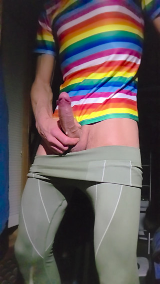 Skinny boy in Leggings jerking off his big dick till last drop. Huge cumshot