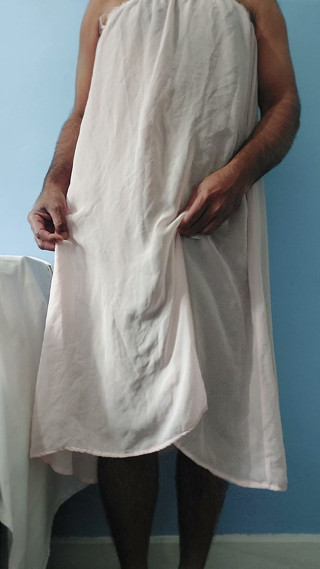 Masterbating in wet pink seethrough silk fleared chiffon skirt