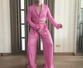 Sissy cuckold trap in satin wide leg palazzo trousers pants, satin silk jacket and high heels dancing, masturbating thumbnail