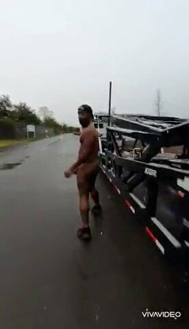 Naked in public jerking off for passing truckers
