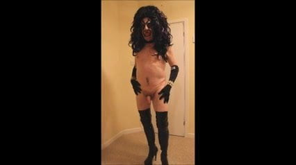 Naked tranny in black thigh boots