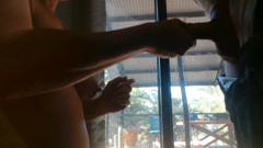 Giving Handjob While Neighbors Outside Watch
