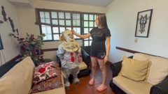 I find an abandoned house with a mysterious clown and offer him a nice fuck to stay.