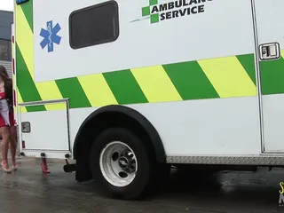 Naughty nurses having fun with two guys in the ambulance