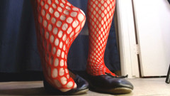Red Fishnets Ballet Flats Shoeplay Dipping Toe Wiggling