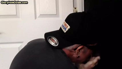 Gloryhole loving mature gay sucks cock in homemade BJ