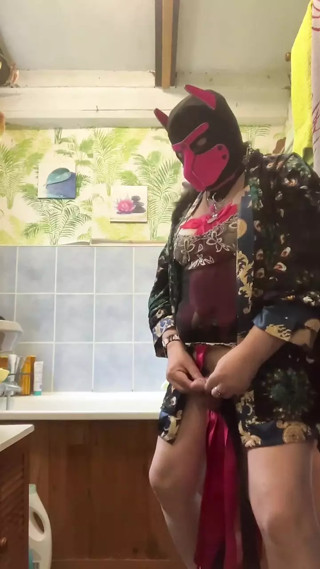 In outfit with a transparent nightie and a dog mask for 4-legged peeing