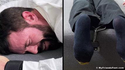 Tattooed hunk Joey cannot escape getting his size 12 feet tickled
