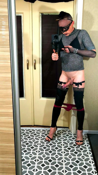 A young femboy films herself in the mirror stroking her clitoris in red panties, high heels, a mask, and ears.Part 2. Censored.