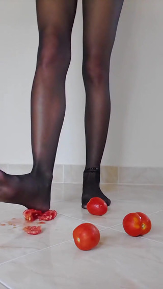 Tomato Crushing in Black Pantyhose