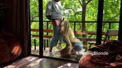 Luxury hotel, wild forest and juicy blowjob by the glass