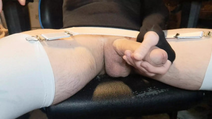 Sissy amateur exhibitionnist shows his big cock on webcam garter belt with white stockings and heel crossedressers thumbnail