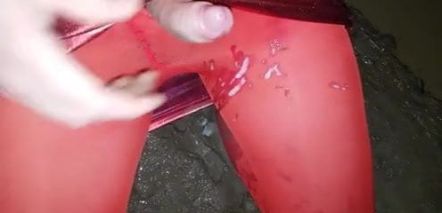 Crossdresser in panties masturbate on the mud