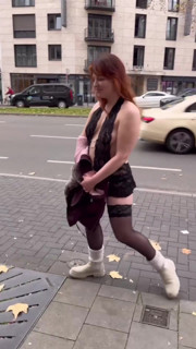 Public Walk and Flashing in Lingerie and Stockings