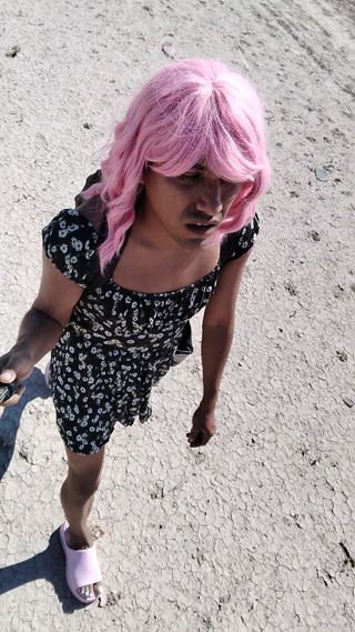 Little Ladyboy Femboy In Mini Dress And Sandals Walks In Public Very Hot thumbnail