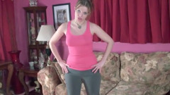 Broad strips and plays with her shaved pussy