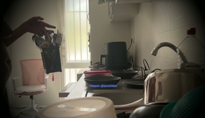 Stepmother doing maid chores, naked